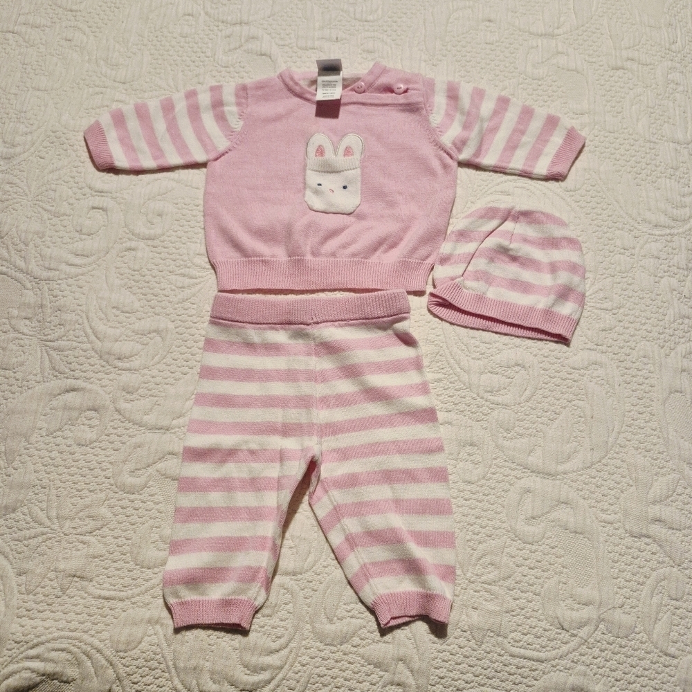 Little Me girls 3 months knit sweater, pants & hat bunny NWOT 100% cotton